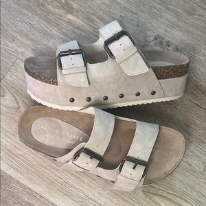 Altar'd State Beige Double-Buckle Platform Slide Sandals